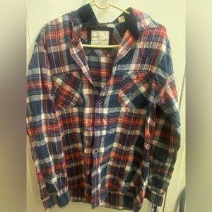 Men's Plaid Casual Button Down Shirt Red and Blue Corduroy lined collar size LG